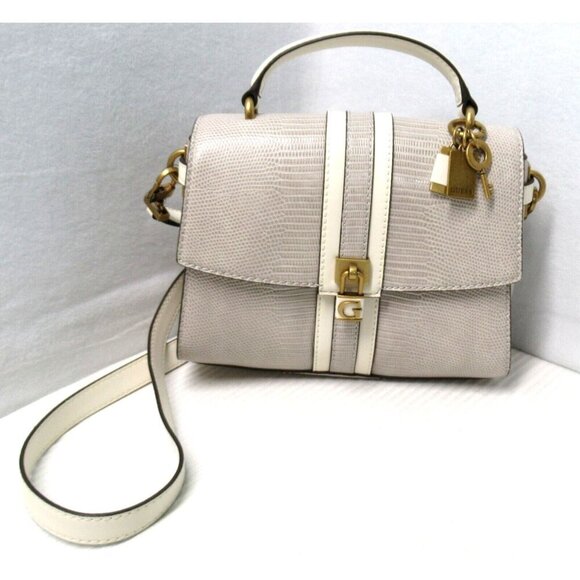 Guess Ginevra Handle Crossbody Bag Purse Taupe & Cream Gold Hardware Exotic NWOT - Picture 1 of 15